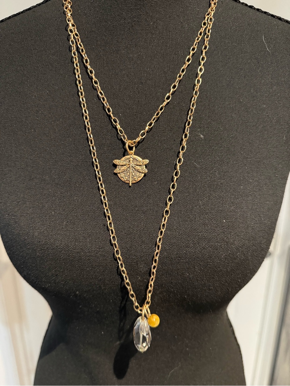 Katia Designs Gold Layering Pendant Necklace with All Is Well dragonfly pendant
